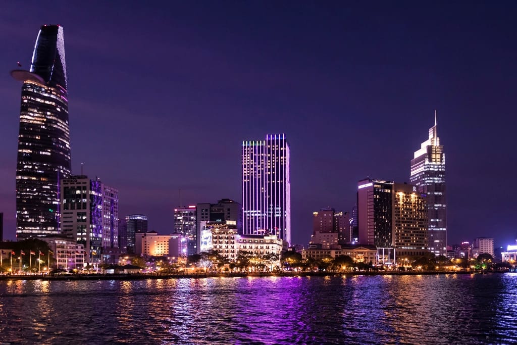 Ho Chi Minh City skyline over the Saigon River at night