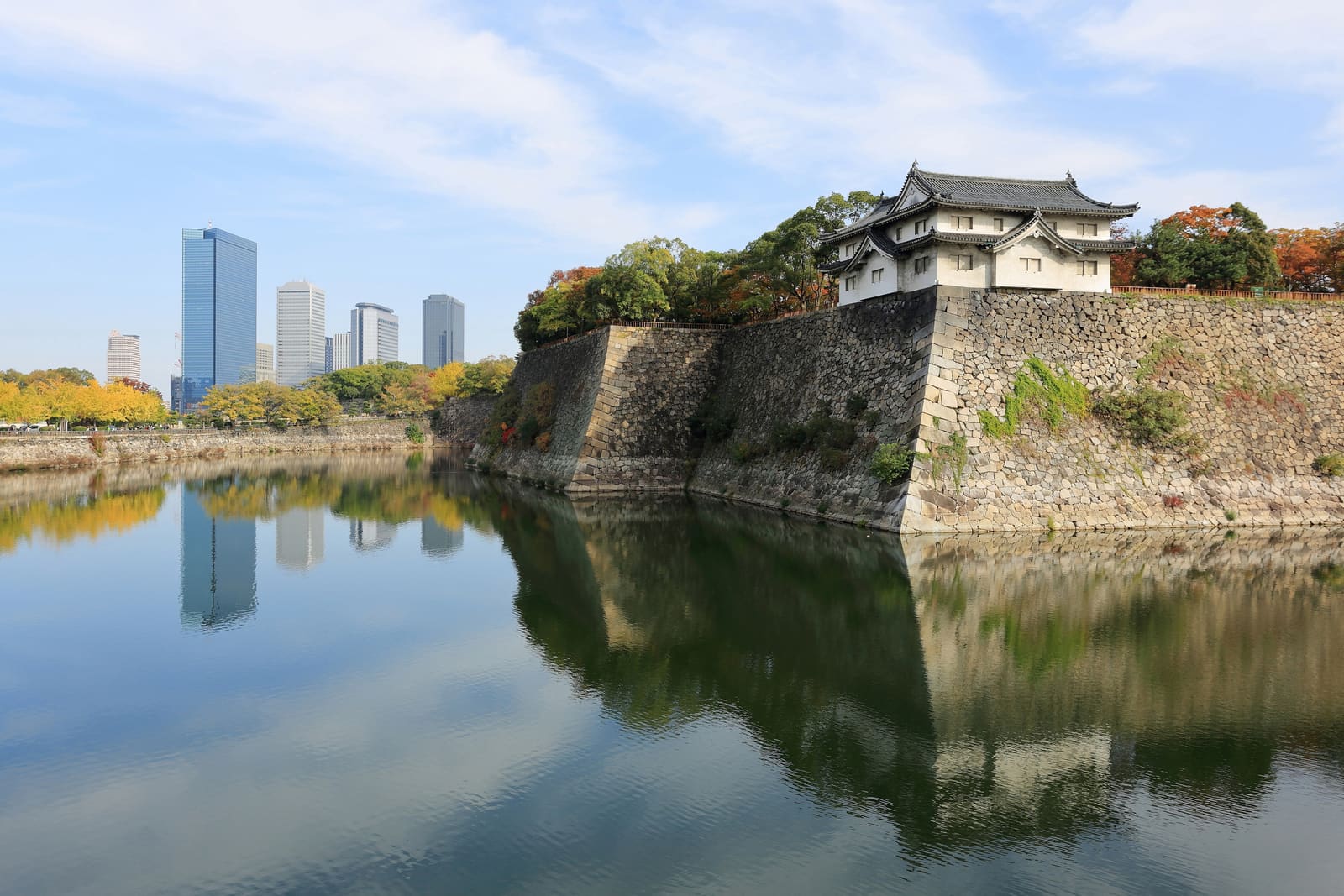 Osaka Castle above its moat and stone ramparts