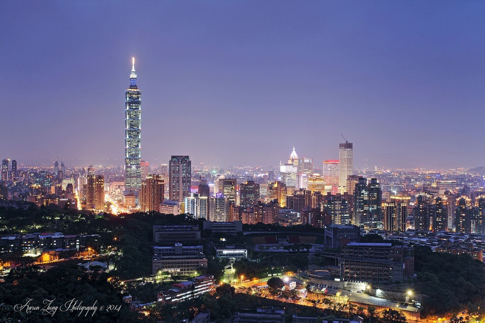 The Taipei skyline at night with Taipei 101